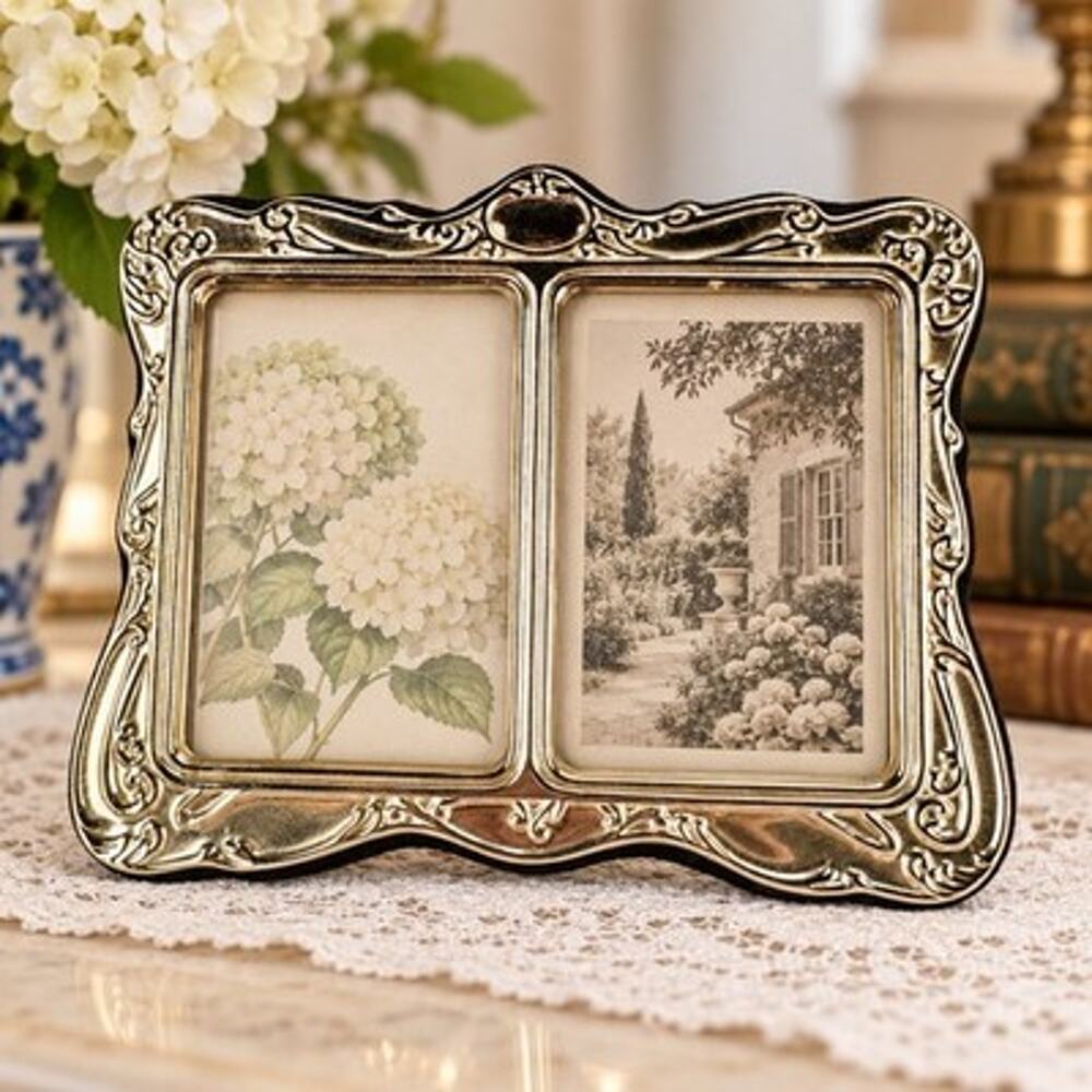 Vintage Ornate Silver Tone Double Photo Frame 2 Picture Easel Back Tabletop